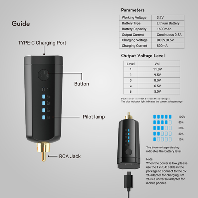 솔롱 1600mAh 문신 무선 배터리 PCA 문신 배터리 팩